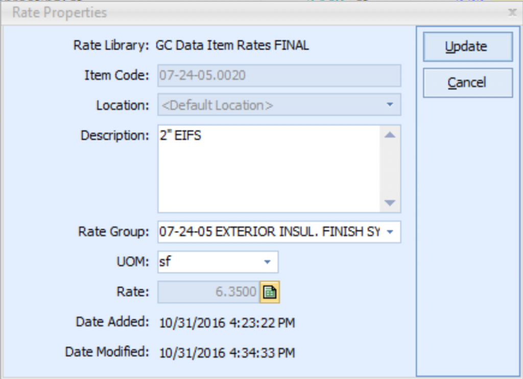 CostX Rate Properties window