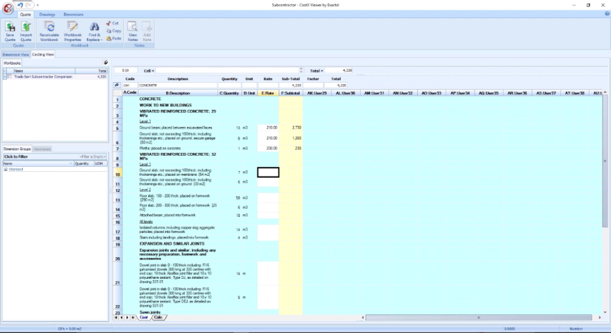 CostX Subcontractor Comparison Workbook- Insert figures