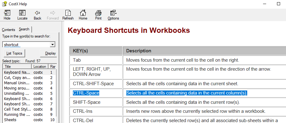 Ctrl+Space from the Workbooks keyboard shortcuts list