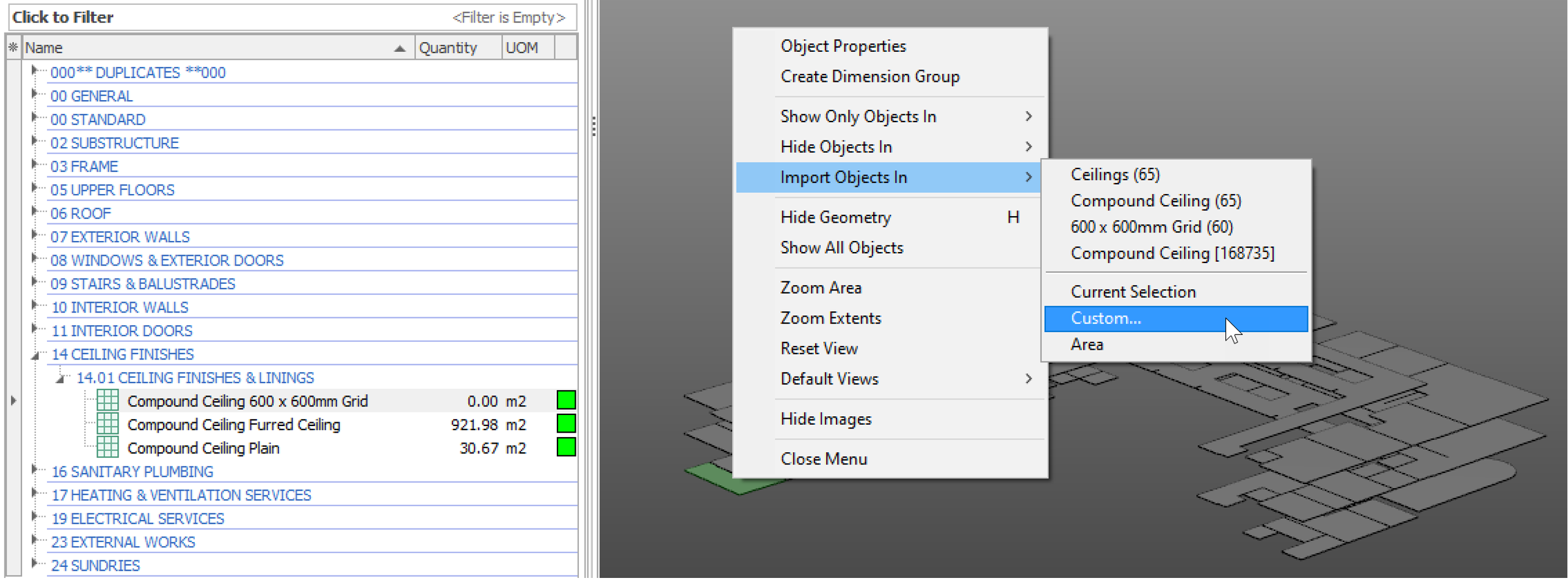 iTWO costX Selecting objects with one or more common properties
